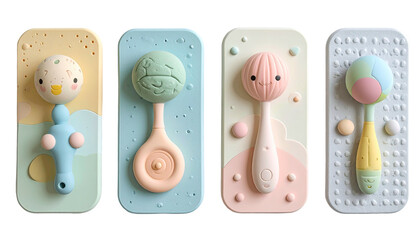 Four pastel-colored baby rattles, mounted on decorative rectangles