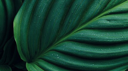 Obraz premium Closeup tropical green leaf with detailed texture, fresh vibrant foliage, flat lay, natural background, tropical wallpaper banner concept