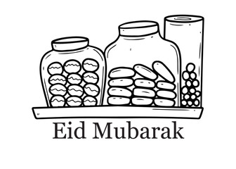 Black and white doodle illustration of three jars filled with Eid Mubarak sweets and cookies, festive treats for celebration.