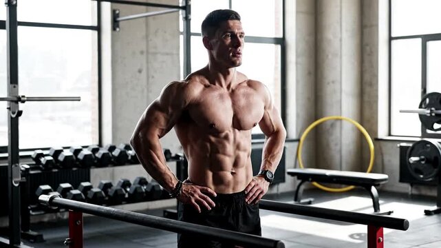 Muscular Man Posing in Gym with Parallel Bars.