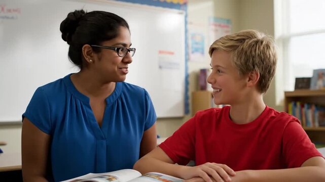 Teacher and Student Discussing in Classroom.