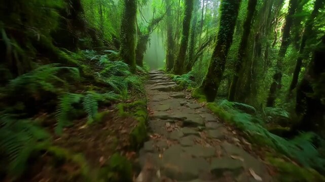 Tracking shot along narrow ancient stone pathway overgrown with moss ferns and roots in cloud forest