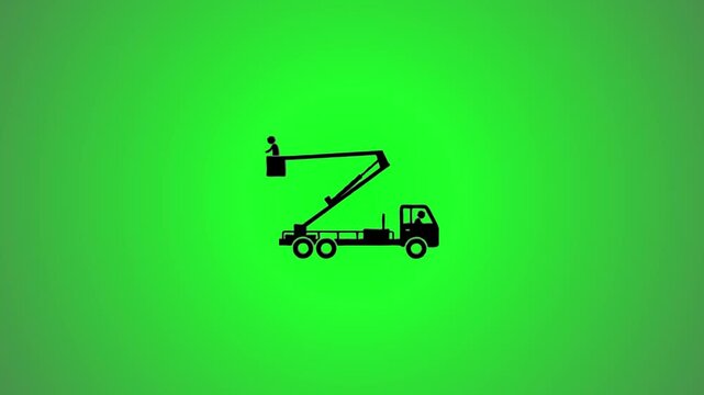 Isometric view animation of boom lift truck transforming into a two-dimensional icon with operator, motion graphic isolated on green screen