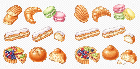 Delicious collection of French pastries and baked goods, including croissants, macarons, madeleines, eclairs, fruit tarts, and brioche, isolated on a transparent background.