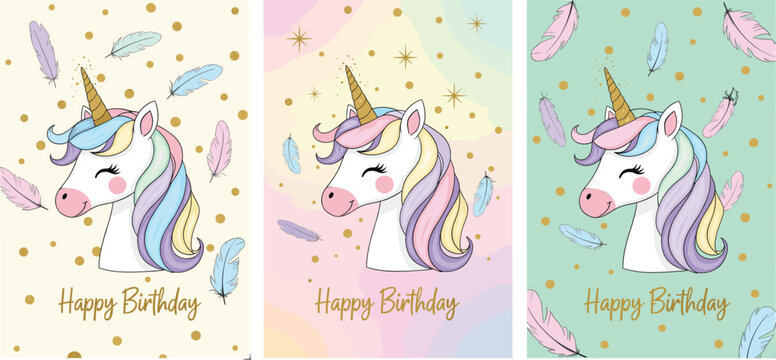 Cute unicorn birthday card templates with pastel rainbow hair feathers and confetti isolated decorative vector illustration set