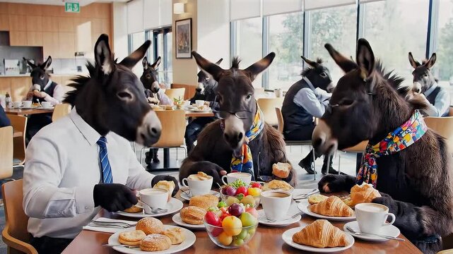 Donkeys enjoying brunch, Animals wearing apparel sharing breakfast in lively outdoor cafe, Donkeys dressed in shirts and scarves participate in cheerful brunch gathering with lively surroundings