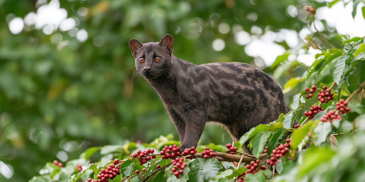 Civet cat standing on coffee plant branch, eating ripe red coffee cherries for Kopi Luwak production