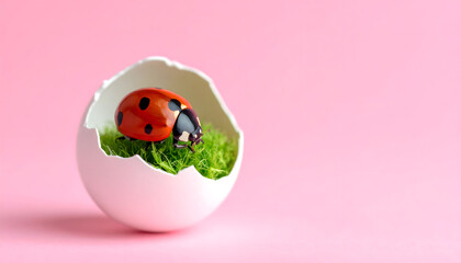 Half eggshell with grass and a ladybug sitting inside on solid pastel pink background, minimalist spring concept with copy space.