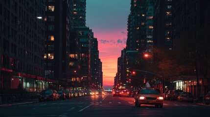 Dusk over New York skyline with glowing city lights, warm evening tones, urban architecture, high-rise buildings, soft twilight sky, cityscape background