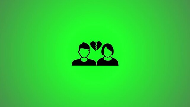 Couple icon with broken heart symbol animated on green background