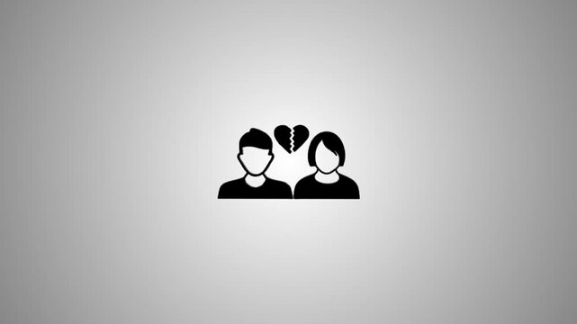 Broken heart icon animation featuring silhouettes of man and woman on gray background with professional cinematic motion