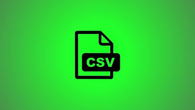 A dynamic 3d render animation of a green csv file icon against a vibrant green background, transforming into a 2d flat design symbol with metallic reflections