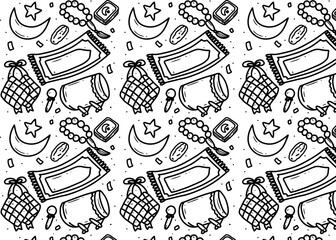 Black and white doodle pattern featuring Islamic and Ramadan elements like prayer mats, crescent moons, stars, tasbih, ketupat, and bedug drums.
