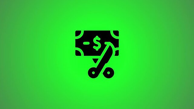 Iconic representation of cutting costs with scissors and money on green background motion graphic