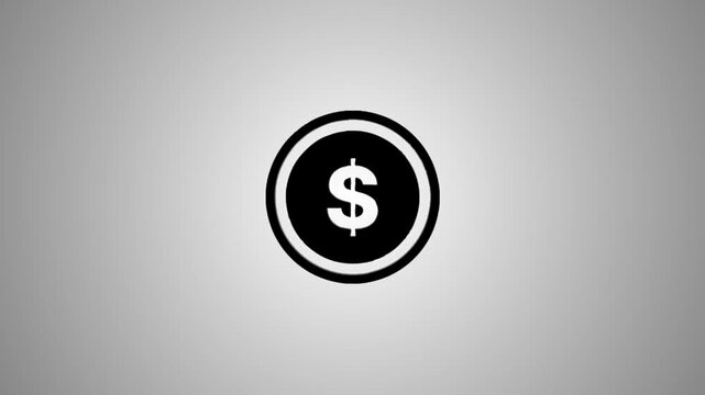 Metallic dollar coin animation spinning and settling into flat icon position on grey background
