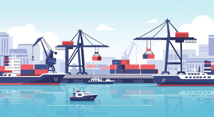 Obraz premium Bustling harbor with cargo ships, cranes, and containers under a cloudy sky