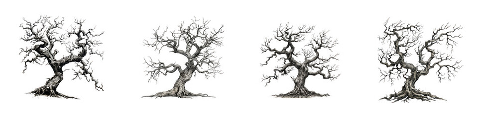 Obraz premium Four gnarled, bare trees with intricate branches against white background isolated on transparent background