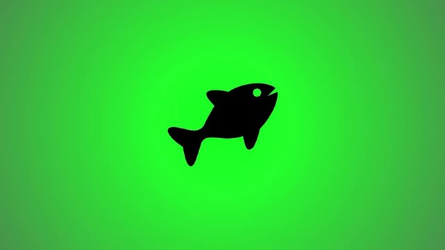 Black fish symbol with an open mouth rotates and changes to a metallic texture with light reflections then back to solid black on a vivid green background
