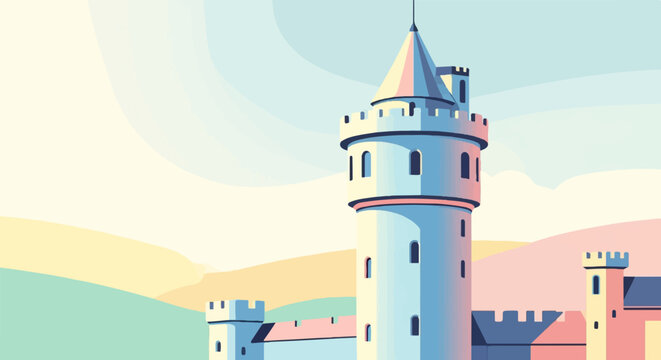 A stylized, pastel-colored castle with rounded towers stands against a hazy sky