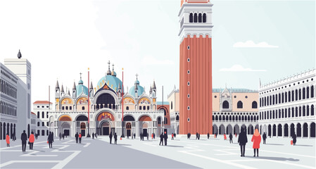 Fototapeta premium A stylized digital illustration of a grand European plaza with iconic architecture and scattered figures