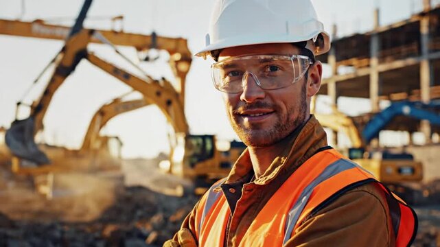 Cinematic industrial portrait of heavy equipment operator captured from side angle standing at construction site slight confident smile realistic skin tones natural lighting shallow depth blurred mach