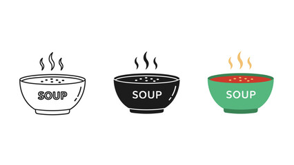 Three steaming bowls of soup in different colors Vector
