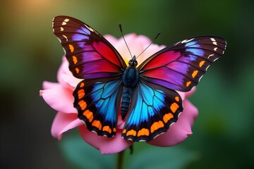 Obraz premium Colorful Butterfly Resting on Pink Rose in Natural Garden Setting, Nature Concept