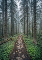 Obraz premium Foggy forest trail with soft light creating mysterious peaceful mood
