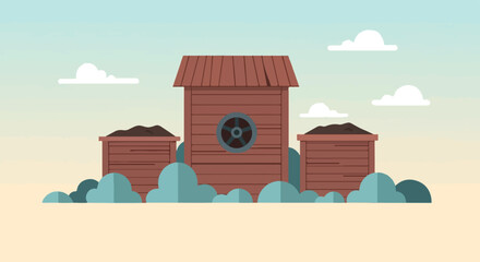 Obraz premium Cartoon depiction of a wooden mining structure with three carts loaded with dark material