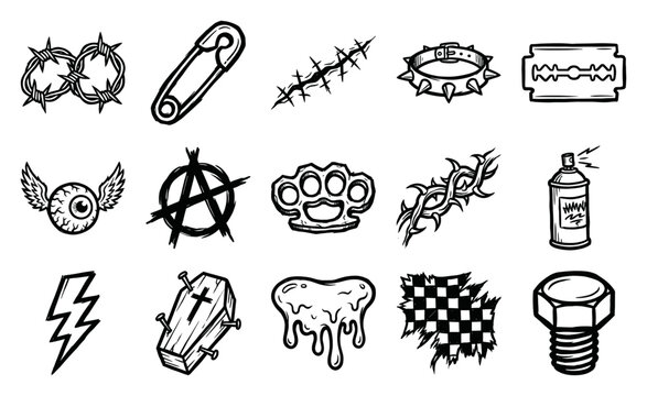 Hand-Drawn Punk Aesthetic Blackwork Graphic Element Kit for Underground Streetwear Design