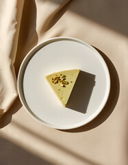 Pistachio Cheesecake Slice with Nuts Minimal Flat Lay Dessert Photo