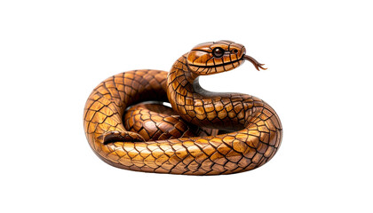 Obraz premium Detailed wooden snake sculpture coiled on black background, tongue extended