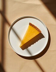 Lemon Tart Slice on White Plate Minimal Flat Lay Dessert Photography