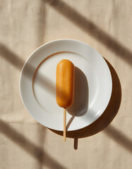 Corn Dog on White Plate Minimal Street Food Flat Lay Photography