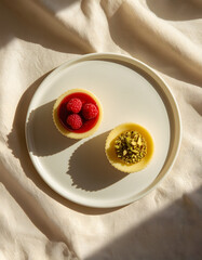 Mini Cheesecakes with Raspberry and Pistachio Topping Flat Lay