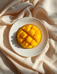 Fresh Mango Slices on White Plate with Linen Background Flat Lay