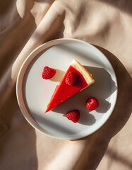 Raspberry Cheesecake Slice on White Plate Minimal Dessert Flat Lay