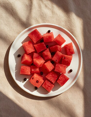 Watermelon Cubes on Ceramic Plate Minimal Flat Lay Food Photography