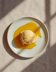 Mango Ice Cream Scoop Melting on Plate Minimal Flat Lay Photo