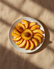 Fresh Peach Slices on White Plate Minimal Flat Lay Fruit Photo