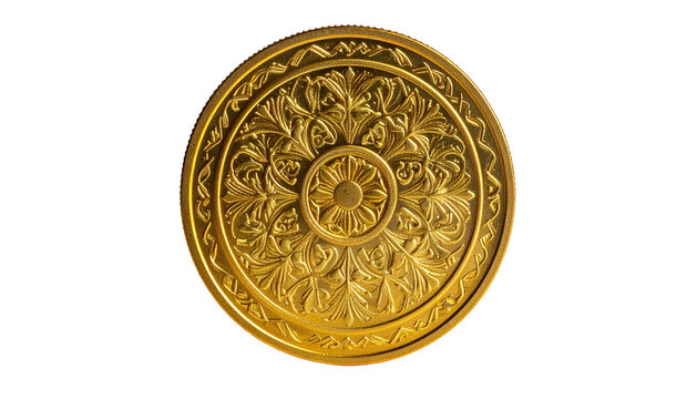 Golden, ornate ceiling medallion with intricate floral and geometric patterns on black