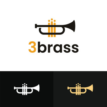 Minimalist brass section logo featuring trumpet shape with three human figures representing musicians and teamwork.