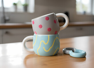 Stack of Two Colorful Ceramic Mugs with Fun Patterns on Wooden Table