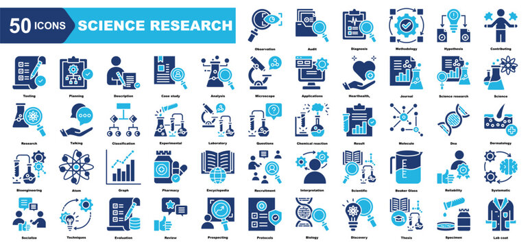 Science Research icon collection set.Observation,Audit,Diagnosis,Methodology,Hypothesis,Contributing,Testing.Simple vector illustration.