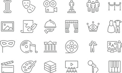 Set of 20 line icons representing arts, culture, and entertainment, including theater, music, film, and visual arts concepts © king