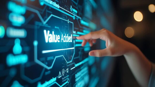Value added concept. Touching on virtual screen to create values. Way to adding value to product and service. Improving products, excellent service, expert advice, consistently upgrade, deli.