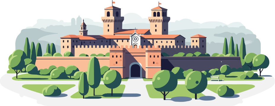 A stylized illustration of a grand historic castle with two prominent towers
