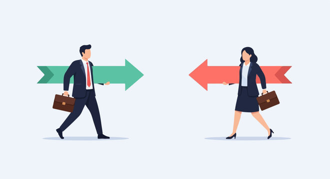 Business people walking in opposite directions with arrows