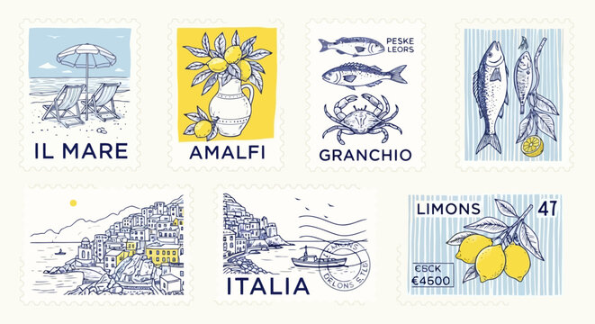 A collection of seven Italian-themed postage stamps featuring illustrations of coastal scenes, lemons, and seafood.