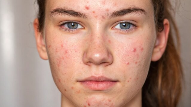 A close-up portrait of a young woman with acne, showcasing her natural skin texture and expression.
